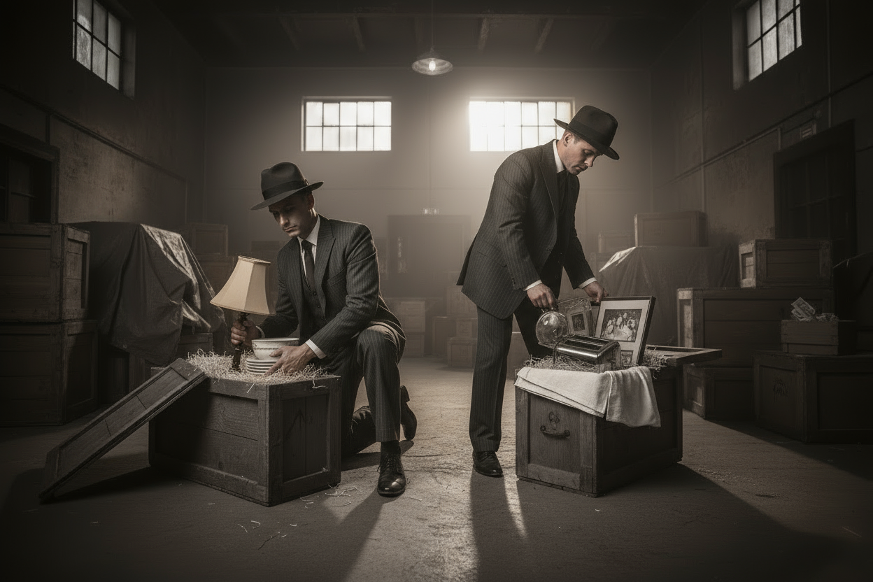 change the background to a bigger warehouse and make the guys look at the items instead of the camera. Make the image washed in black and white.